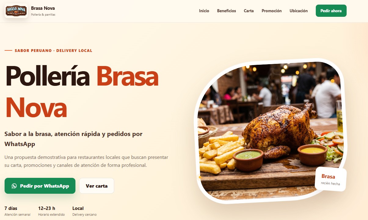 Vista previa de la landing page para Pollería Brasa Nova