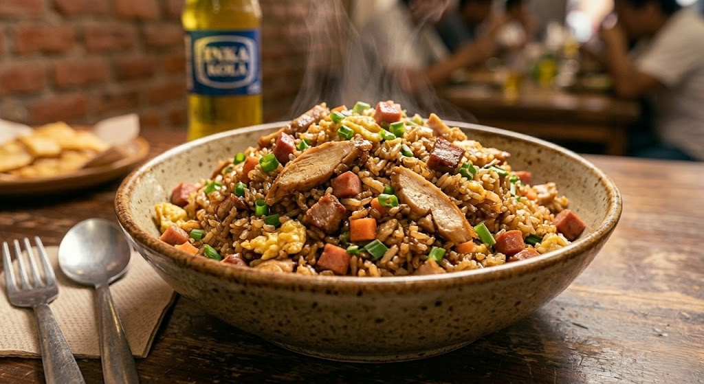 Arroz chaufa servido como acompañamiento