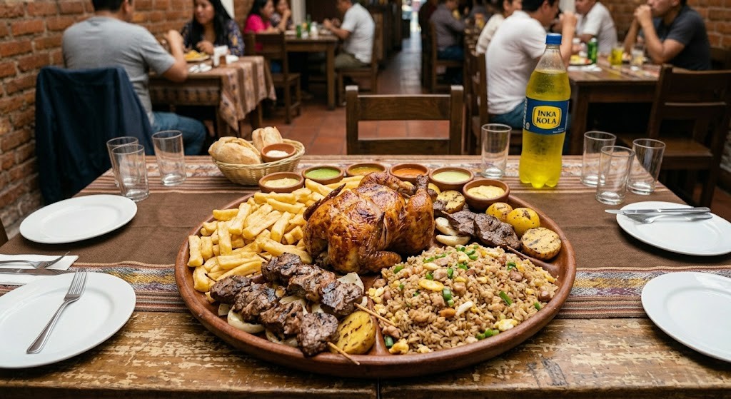 Combo familiar con pollo a la brasa, papas, ensalada y gaseosa