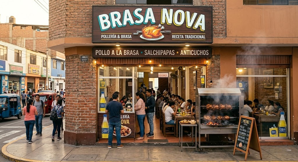 Interior acogedor de la pollería ficticia Brasa Nova