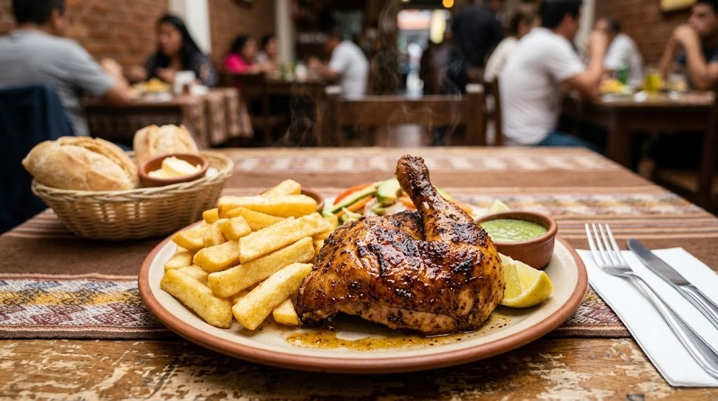 Cuarto de pollo a la brasa con papas y ensalada