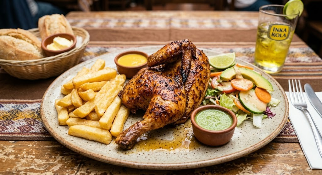 Medio pollo a la brasa con papas y ensalada