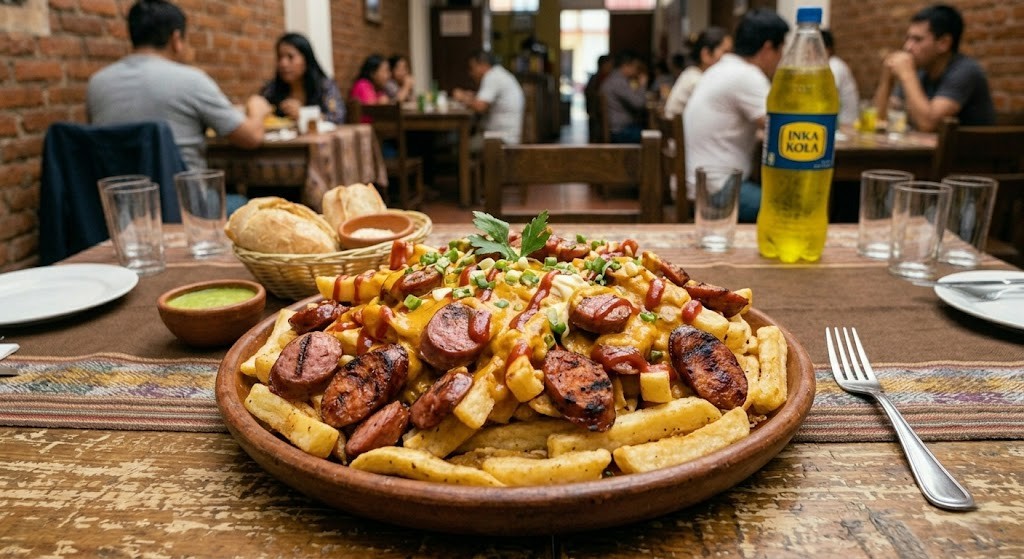 Salchipapa brasa con papas doradas y salsas