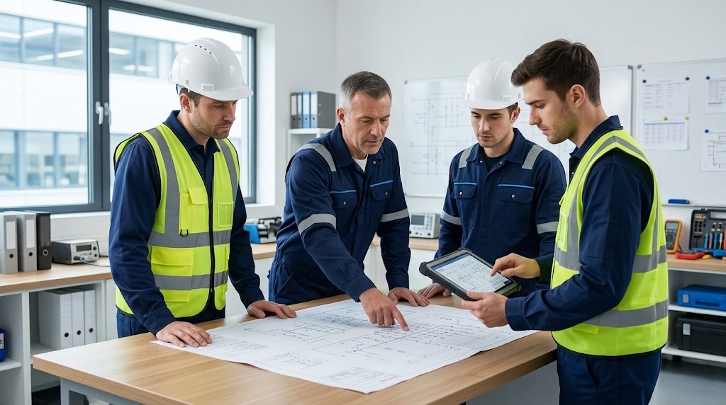 Equipo técnico de ElectroNova Soluciones reunido para coordinar un servicio