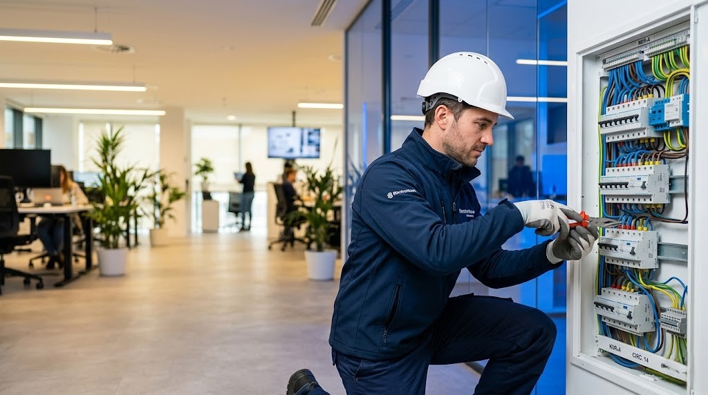 Técnico electricista trabajando en una instalación profesional